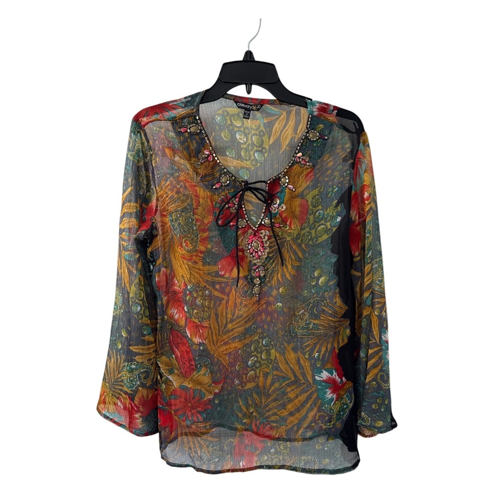 Chaudry KC Sheer Floral Beaded Tunic Top Large Boho Tropical Blouse Siz L